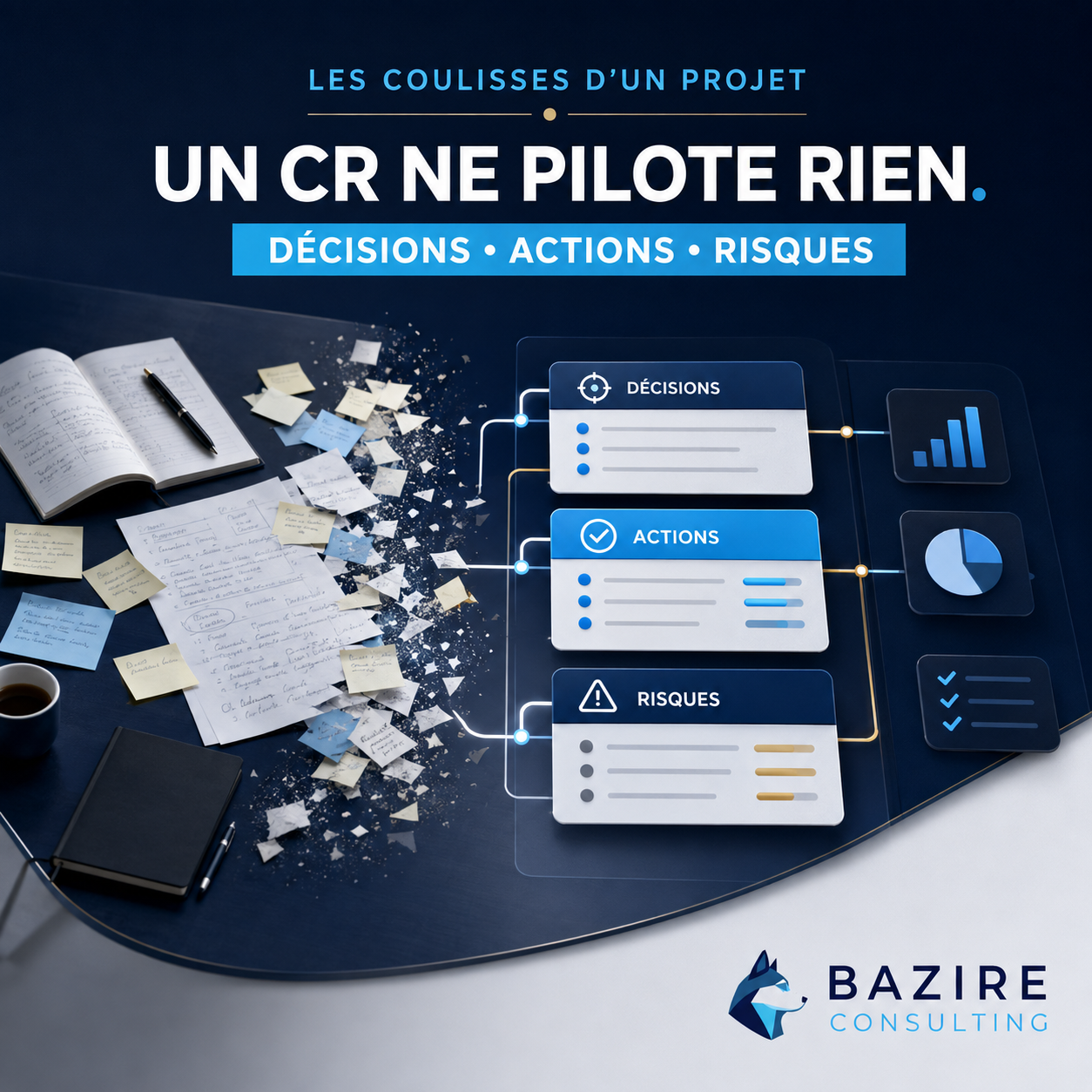 Les Coulisses d’un projet : transformation d’un compte rendu en registres de décisions, actions et risques