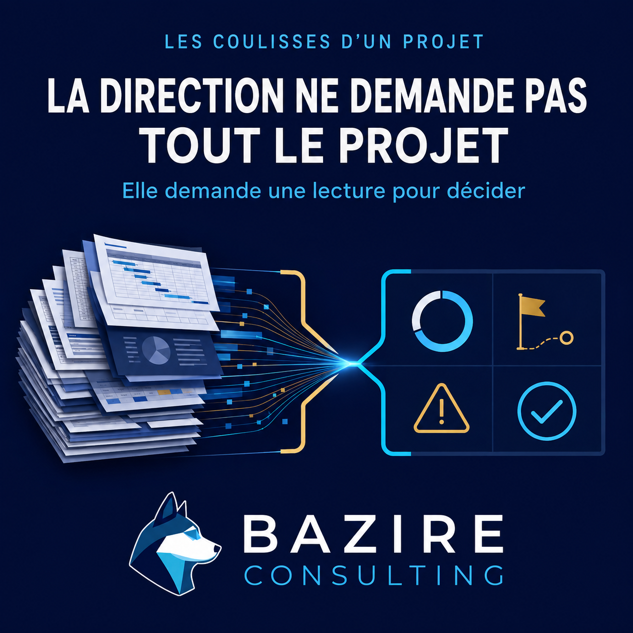 Reporting projet destiné à la direction présentant avancement, prochain jalon, risque et décision attendue